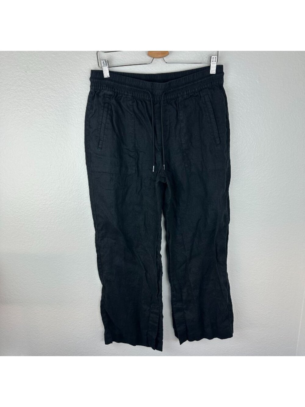 Athleta Linen Straight Leg Pants M Black Pull On Stretch High Rise Lightweight B
